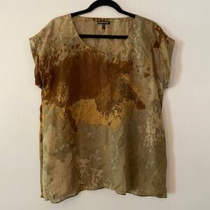 Eileen Fisher Women's size Medium Brown Abstract 100% Silk Blouse Flowy Boho